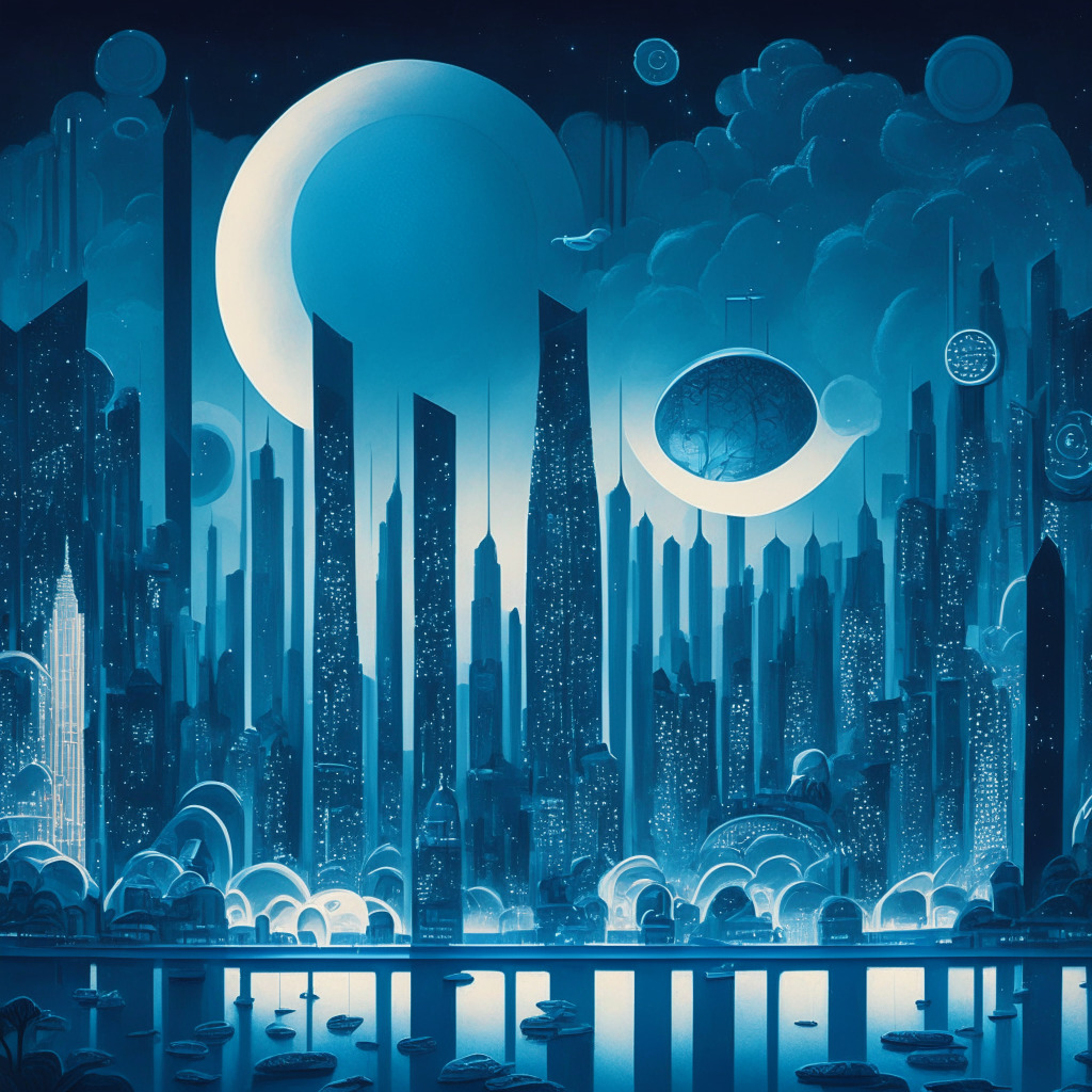 A detailed, surreal, evening cityscape of Singapore enveloped in soft, ethereal blue light. The city's skyline subtly morphed into abstract symbols and shapes, hinting at cryptocurrency elements like coins and ledgers. The mood is a balance between ease and uncertainty, metaphorically depicting restrictions and extensions in crypto regulations.
