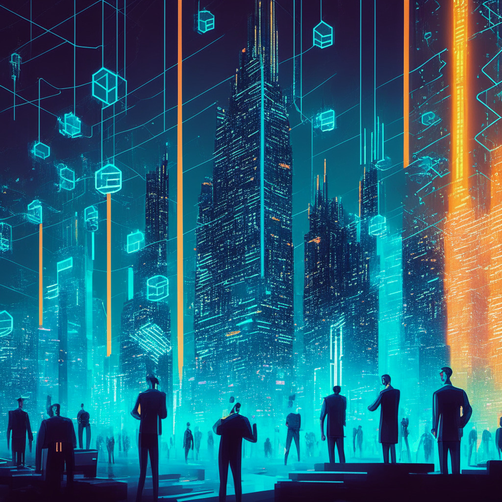 An fluorescent-lit, futuristic cityscape in Singaporean style, with skyscrapers inspired by the blockchain network, bustling with cryptic symbols. A high-tech incubator with AI and cryptocurrency elements. Aspirational figures representing traders, analysts, influencers stand in the foreground, building an intelligent network powered by big data. Ambience breathes optimism and innovation.