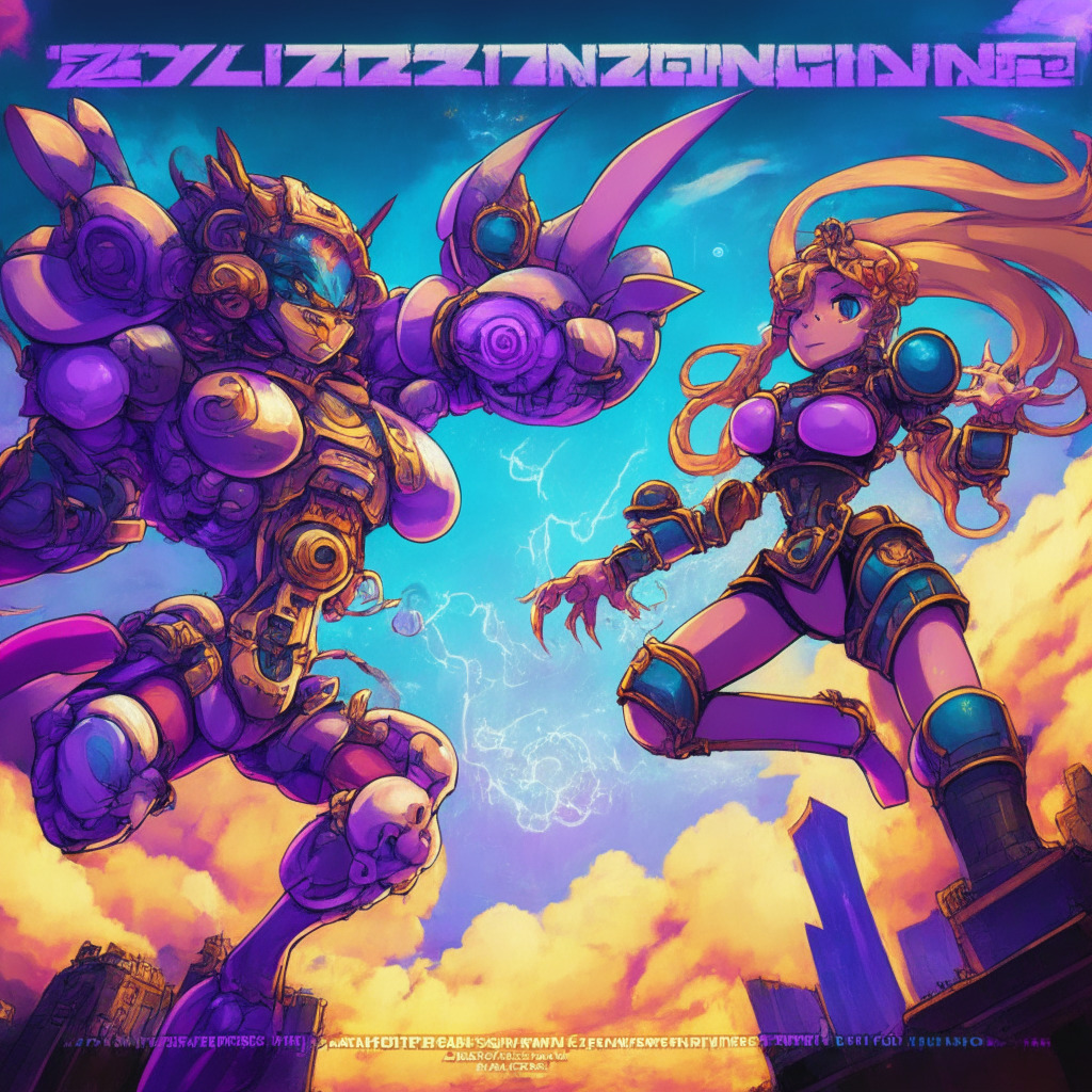 A renaissance-style scene depicting Sky Mavis & CyberKongz forming a powerful alliance in the blockchain gaming world. The image blends warm hues, symbolizing hope despite the decline in interest. High-energy mood, futuristic elements representing blockchain, images of P2E, Sky Mavis & CyberKongz co-creating a game under moonlight, elements reflecting Web3 intrusion.