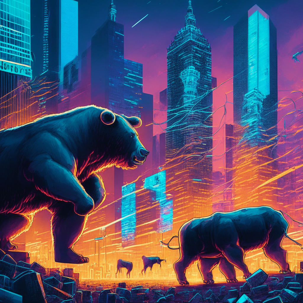 A vibrant cityscape at dusk with scattered neon signs displaying Bitcoin price indicators, a bear and bull staging a tug-of-war at the city's heart. One side of the city has an ambitious skyscraper reaching towards a $50,000 sky, while the other dips towards a potential $28,900 valley. In a backdrop, a rising sun emblazoned with 'BTC20' symbol illuminates the city, embodying the continuing evolution of Bitcoin and blockchain technology. The atmosphere is intense yet thrilling, reflecting the cryptocurrency market's volatility and hope.