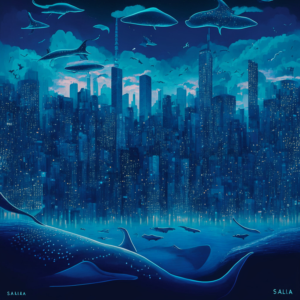 An all-encompassing view of a thriving digital cityscape under twilight skies, highlighted with shades of teal and indigo. The cityscape represents the blockchain platform, Solana. Skyscrapers gloriously rising, depicting Solana's soaring trading volumes. Giant whales swimming through the cloud-filled sky, symbolizing the prominent role of crypto whales. Streets bustling with smaller, detailed activities - reflecting active trading. The atmosphere imbued with an air of hopeful anticipation, mirroring investor confidence. NFT symbols as neon signs lighting the landscape.