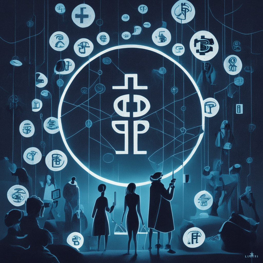 A detailed image representing the delicate equilibrium between social media influencers and cryptocurrency promotions fraught with rules and regulations. It includes visuals of influencers on one side, and cryptocurrency symbols being closely watched by a regulatory eyes on the other. An artistic vibe of modern minimalism dominates, and subdued, yet intense lighting conveys a mood of dramatic intrigue.