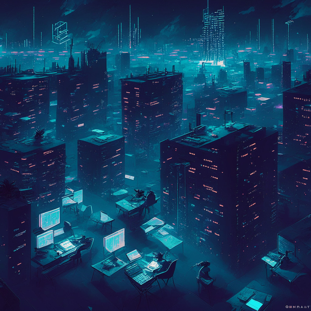 A sprawling digital cityscape beneath a twilight sky, crypto coins plummeting like shooting stars, an empty office with chairs turned over and computers silent. A team of ghostly developers dramatically reduced in number, working tirelessly on a holographic blueprint marked 'Star Atlas'. On the outskirts, show a bustling market signifying expansion. Mood: trepidatious yet resolute.
