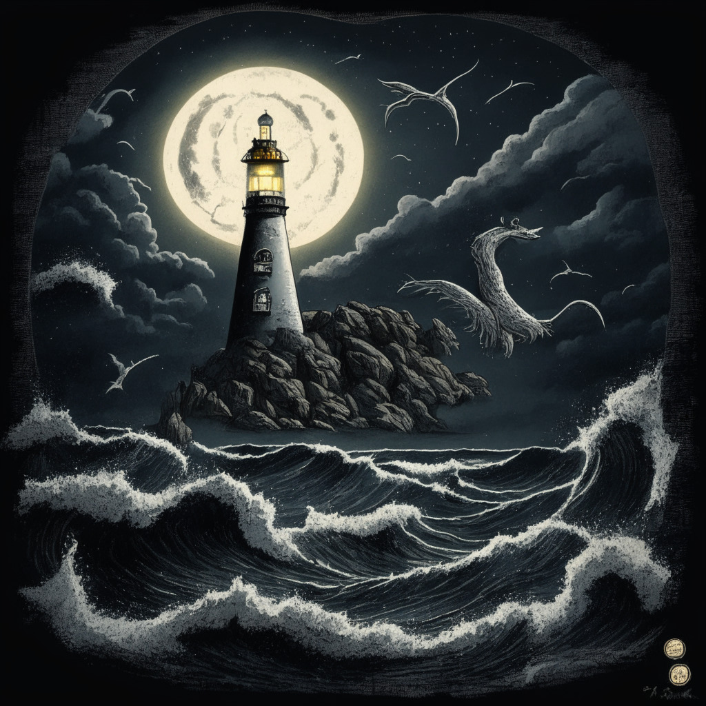 A stormy seascape with dark waves representing Solana's turbulent journey, spotlight on a $32.00 roadblock, the moon depicts a bearish divergence while a lighthouse flashes an RSI over-bought signal. In partial eclipse, another sphere illustrates a hopeful Evil Pepe's Coin ascent, complete with expressions of community commitment and audacious goals.