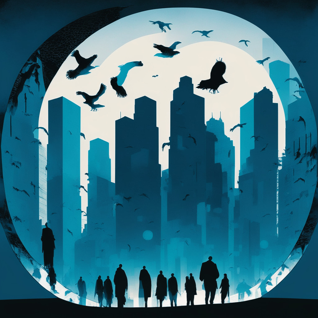 Dystopian, perspective-rich cityscape at dusk with silhouettes of perplexed individuals, symbolizing investors, looking up at a large, opaque bubble hovering over them to represent the no-token policy. Abstract parrot figures in the shadows, embodying Parrot Protocol, fluttering with uncertainty. The color palette is a mix of cold blues and grays reflecting a mood of unease and skepticism, enhanced by low, moody lighting.