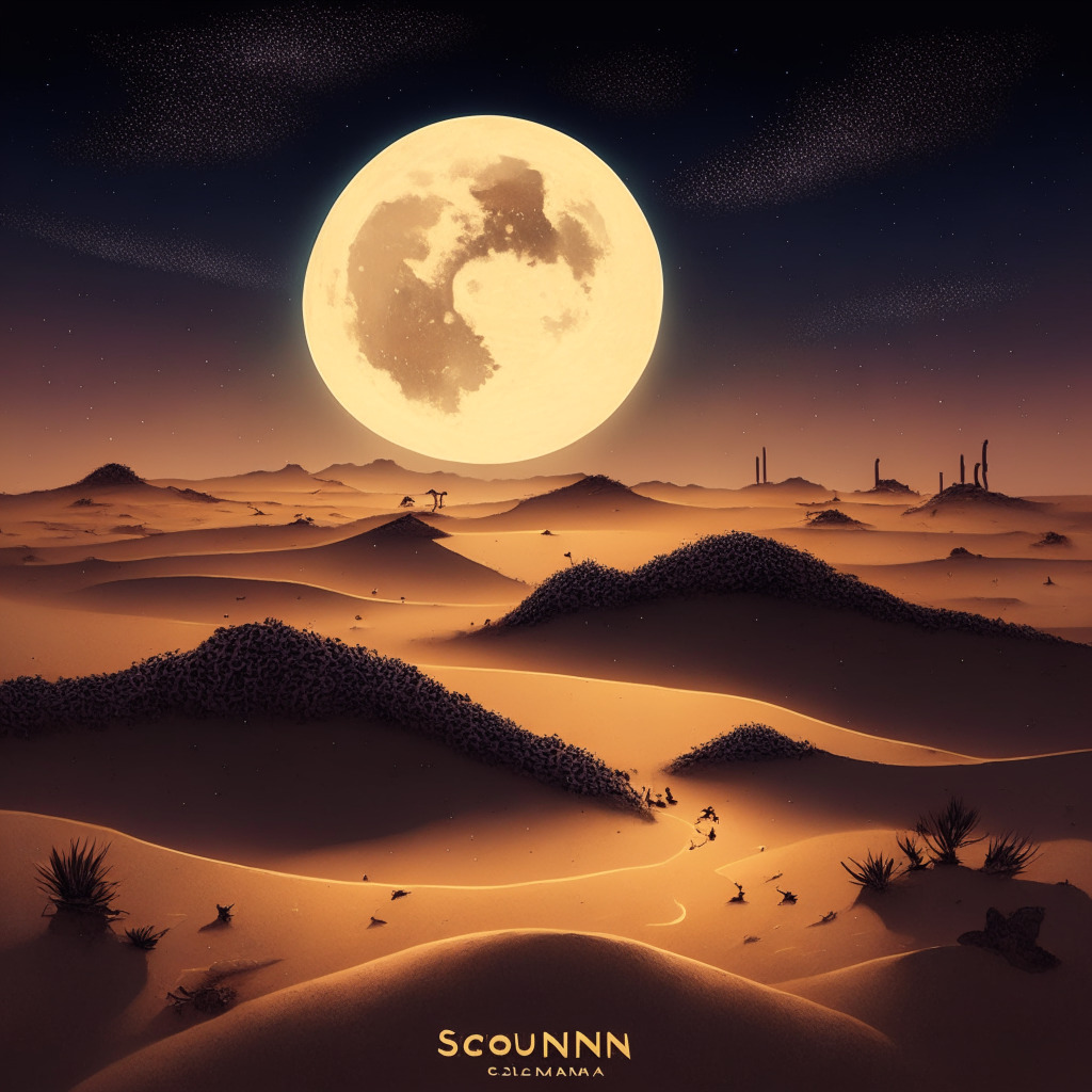 A grand Western desert scene under the twilight, the moon symbolizing Solana is steadily, resiliently climbing the night sky. Tumultous sand storm represents the volatile crypto landscape, Solana's footprints remain intact, symbol of growth and consistency. In the horizon, surge of meme tokens depicted as comets, foreshadowing rapid growth, but equally fleeting. Artistic style to portray an otherworldly yet hopeful atmosphere.