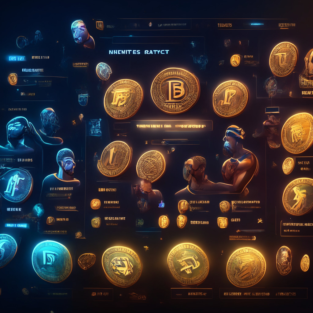 A digital marketplace displaying diverse non-fungible tokens (NFTs) of elite sports players under warm, inviting lighting. A backdrop of traditional currencies; dollar, euro, pound bill instead of the usual crypto backdrop. Style akin to a fantasy sports platform, with a mood of accessibility, shift, and anticipation. Transactions being etched into a visible blockchain.