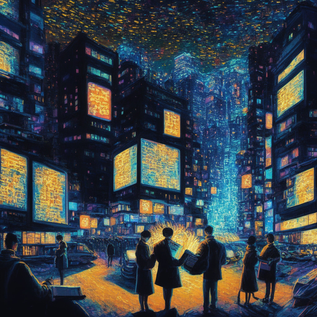 Vibrant nighttime scene of Seoul city, in a Van Gogh-like impressionist style. The pulsating lights of tech devices, symbolic of cryptocurrency trading, illuminate people’s faces in ambient hues. In the center, a large book radiates light, symbolizing MiCA regulations. Overall mood is forward-thinking, suggestive of a transformative shift in crypto laws.