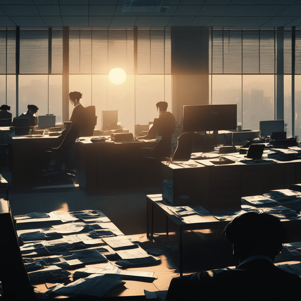A gloomy government office in South Korea adorned with elements of crypto culture, contrasting with stern-faced bureaucrats. Individuals are seen at their desks, filling out forms labeled 'Crypto Asset Disclosure'. In the background, the setting sun filters through the blinds and casts long shadows, an apt metaphor for the emerging transparency. The style mixes realism with cyberpunk aesthetics. The mood evokes the tension between regulation and freedom.