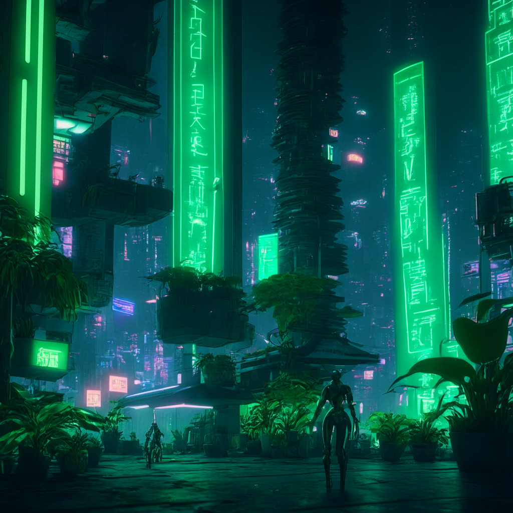 A nighttime scene in a futuristic urban setting, illuminated by neon lights in South Korean won, Thai baht, and Taiwanese dollars motifs fueling the city ambiance. Scattered, humanoid figures amid the skyscrapers symbolize energy-consuming crypto mining activities, while innovative green plants sprout from buildings, embodying the Ethereum Climate platform's pledge. A subtle presence of video gaming elements represents the gaming component updates and the expansion in the gaming sphere. The image should be in a vibrant, cyberpunk aesthetic portraying both the technological advancements and underlying tension of the narrative.