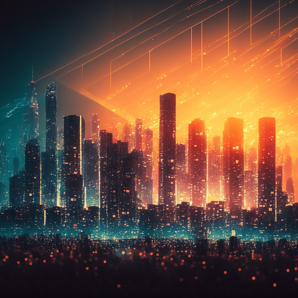 An illuminated modern cityscape at sunset depicting the vibrant pulse of South Korea. Digital currencies symbolized as holographic coins hovering over skyscrapers, interspersed with glowing ember-like trails symbolizing transaction data. The light setting is ethereal yet grounded with muted dusk tones, invoking the mood of a cybernetic future while also rooted in contemporary regulatory realities.