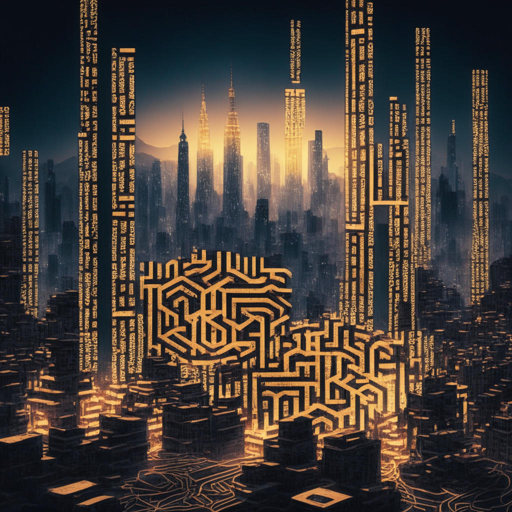 A dusky, metropolitan skyline of South Korea, with blockchain symbols woven into towering structures. In the foreground, an intricate maze of currency symbols, suggesting a complex digital ecosystem. Echoes of the Byzantine art style, lending a feeling of historic gravitas, colored lights reflecting off polished surfaces to emphasize transparency. The overall mood conveying a sense of cautious optimism and intrigue, alongside the potential challenges of a shifting regulatory ecosystem.