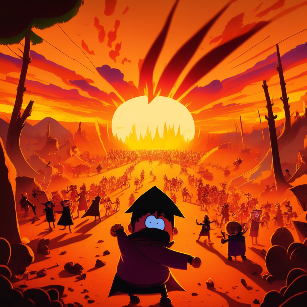Depiction of a vibrant, animated South Park scene, where a fiery representation of the Burn Kenny Coin rises dramatically from the landscape. Dynamic, cartoonish style, under a sunset lighting setting casting long-shadows, creating a sense of urgency and enticing promise. The atmosphere is filled with the anticipatory energy and the buzzing hype similar to a bustling market place. Mood pointing towards the thrill of potential investment opportunities and the intense 'fear of missing out' sentiment.