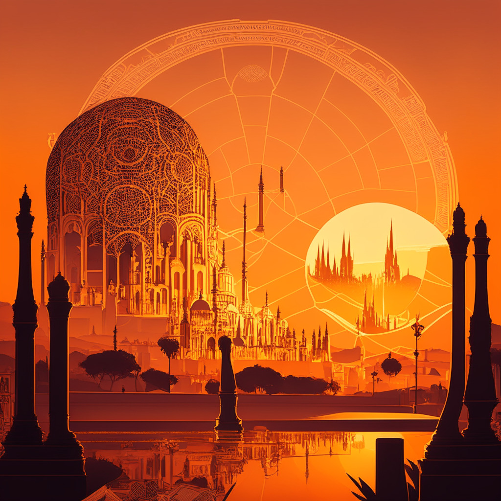 An art nouveau style image of Spain's iconic landmarks, illuminated in the warm, soft glow of setting sun, juxtaposed with futuristic elements relating to blockchain and AI. The mood should reflect a transition from tradition to the digital frontier, embodying both excitement for advancement and concern for privacy. Objects of interest should include: a symbolic human eye as a nod to the verification protocol, the Orb, and a graph showing Spain's AI growth.