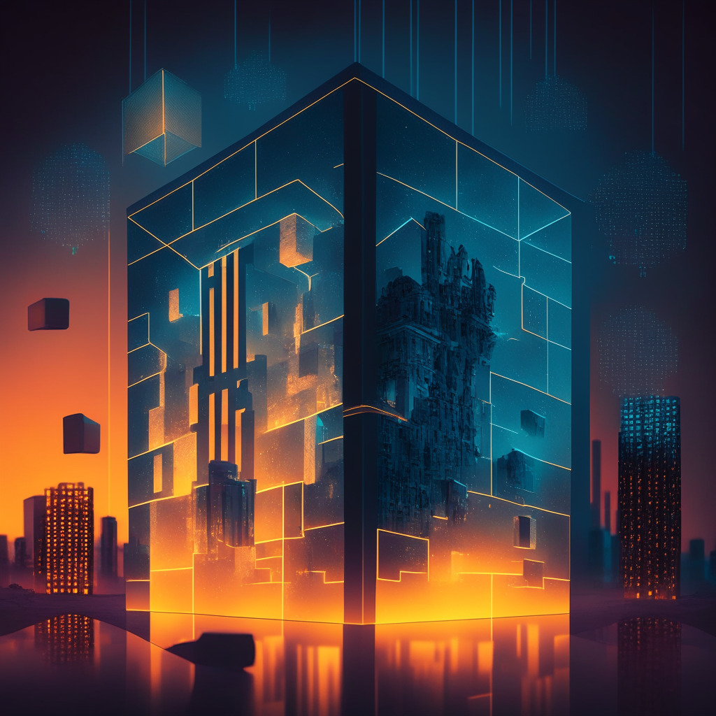 A dusk-lit scene creating a nuanced, futurist mood. A traditional Spanish bank juxtaposed with a sleek, digital crypto hedge fund depicted as a bright cube against gloomy market backdrop. The fund illuminates Spanish symbolics of innovation, risk, and reward, and an uncharted crypto map implying uncertainty.