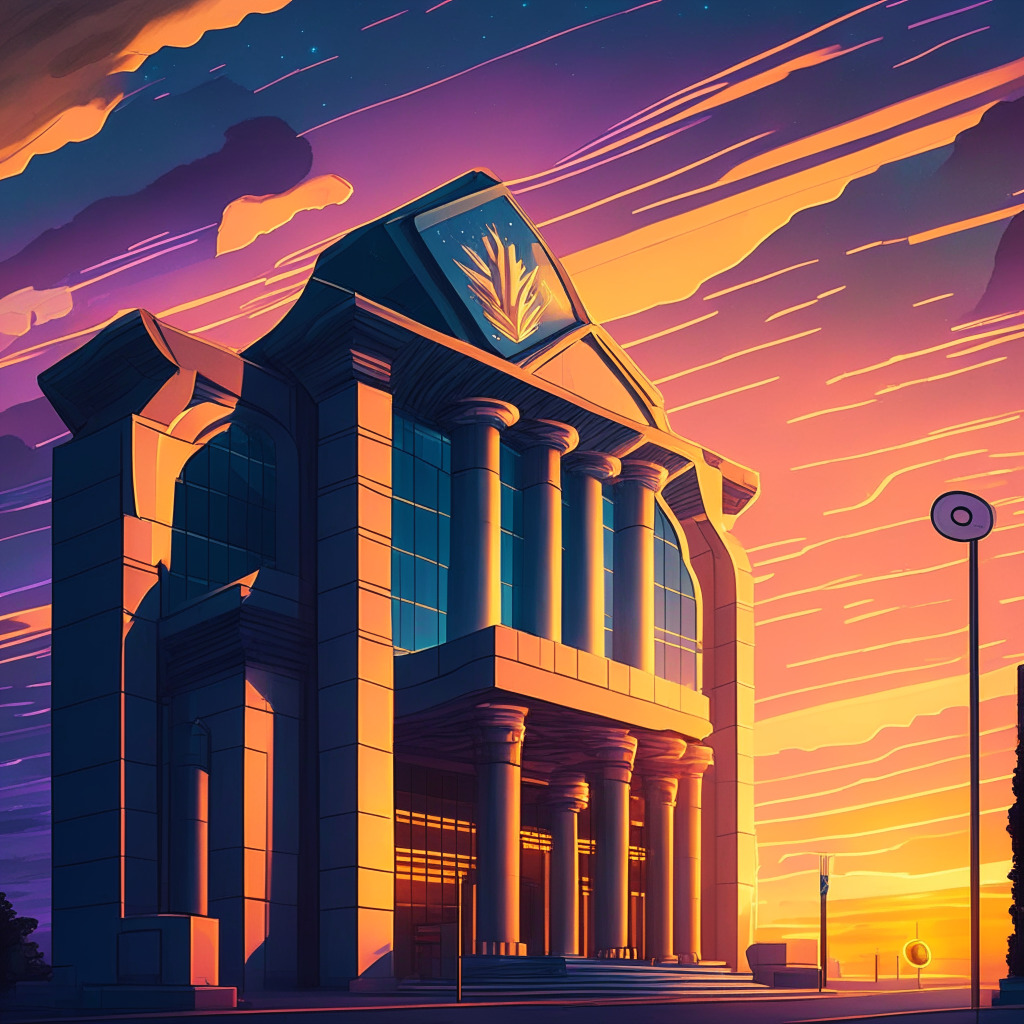 A late afternoon scene in a neo-futuristic style, featuring a Spanish-style bank building in the forefront. The facade portrays a cryptocurrency motif, hinting at the bank's venture into the crypto domain. The sky transitions from sunset hues to a starry night sky, illustrating potential yet risky future. Provide an atmosphere of cautious optimism, shedding light on both the promise and volatility of this new endeavor.