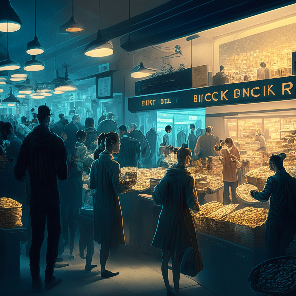 Digital era marketplace bustling with online traders and physical shop owners engaged in transactions using Bitcoin. The scene evokes a vibe of modern, seamless convenience blurring lines between traditional and futuristic modes of trade. Subtle, moonlit environment mirroring the volatility of cryptocurrency, evoking a sense of intrigue and caution.