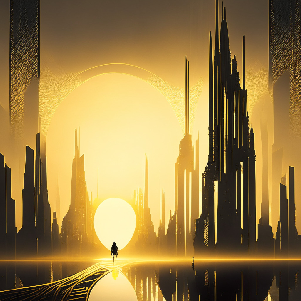 An incoming dawn over the silhouette of a futuristic cityscape, depicting promise and uncertainty. Structures embossed in gold and silver, representing commodities. A trail leads to an unexplored, shape-shifting entity symbolizing crypto. Style: Surrealism, Light: Dimly lit morning, Mood: Mix of optimism and apprehension.