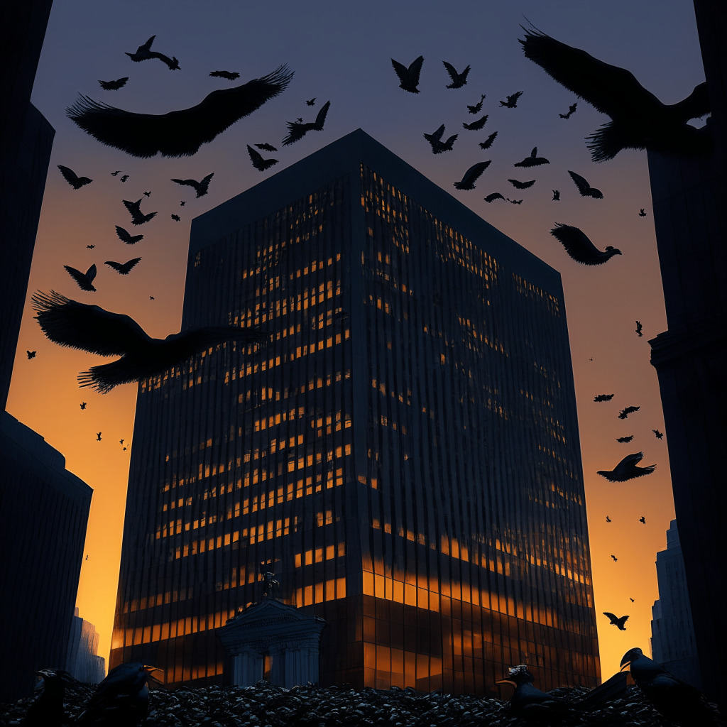 A surreal financial scene under a dusk light, a large, imposing edifice symbolizing JP Morgan's might, offering a shadowy critique towards a golden, luminous and ascending Bitcoin ETF. The mood is one of anticipation, skepticism and controlled energy with a slight disappointment - signifying the divergence in views regarding the ETF's potential impact. Amidst, a flock of birds taking flight, symbolizing companies vying for approval.