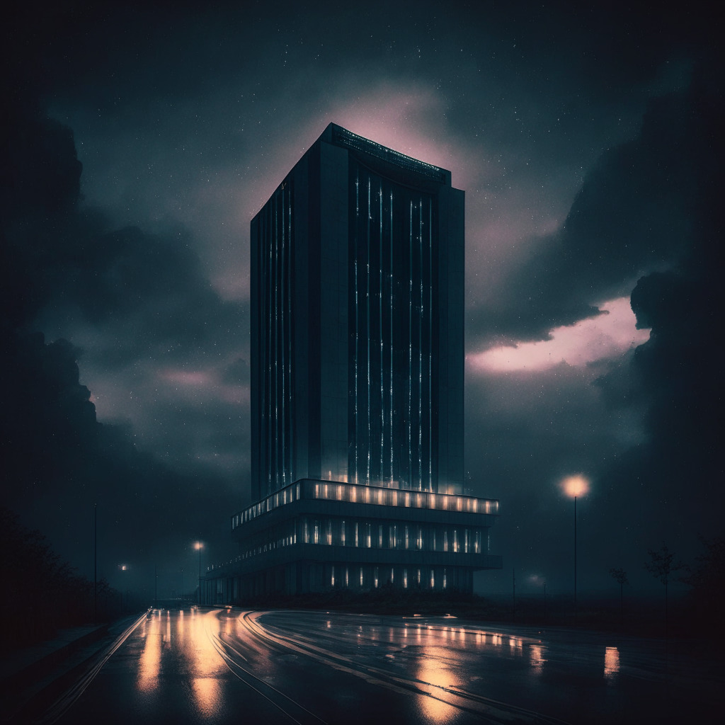 An austere, towering SEC building illuminated by faint twilight, Bitcoins swirling in the cloudy sky above like hopeful stars, fostering transparency. A murky road laden with speed bumps leading to the structure, symbolizing a volatile journey. Mood: Optimistic yet pensive.
