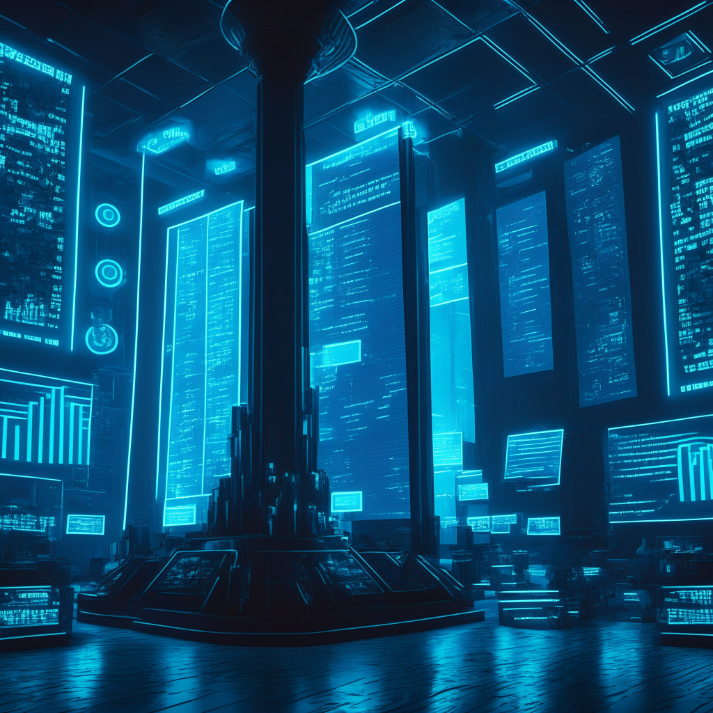 A futuristic financial trading floor with towering screens displaying fluctuating cryptocurrency values, in the style of cyberpunk art. The primary focus is a giant, tangible Bitcoin symbol standing tall amongst traders. The atmosphere is illuminated by blue, neon lights projecting a cool ambience. The mood is intense, filled with a mixture of optimism, scepticism and ambiguity. No visible logos.