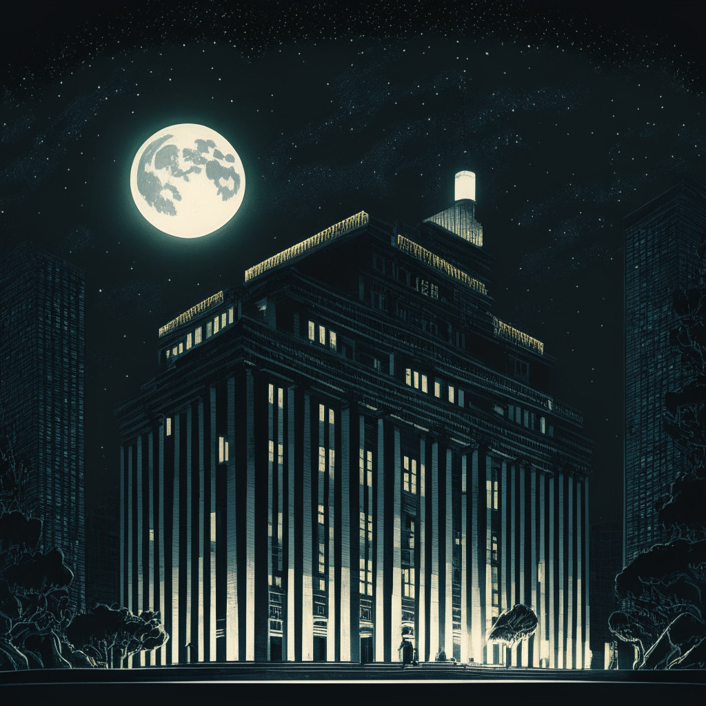An intricate, noir-style illustration of a lit-up Securities and Exchange Commission building under a moonlit sky. On the foreground, multiple shadowy ETF applications are portraying confusion and vagueness. An image of Coinbase rests in the balance on a golden scale, indicating uncertainty and intrigue. The overall mood is suspenseful and tense.