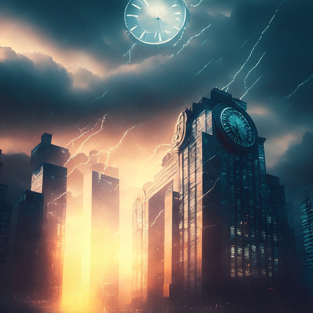 Futuristic cityscape illuminated by the ethereal glow of digital currencies, central building adorned with a clock counting the timeline until potential SEC approval, digitally styled. Mood is hopeful but tense, accentuated by rays of dawn breaking through storm clouds.