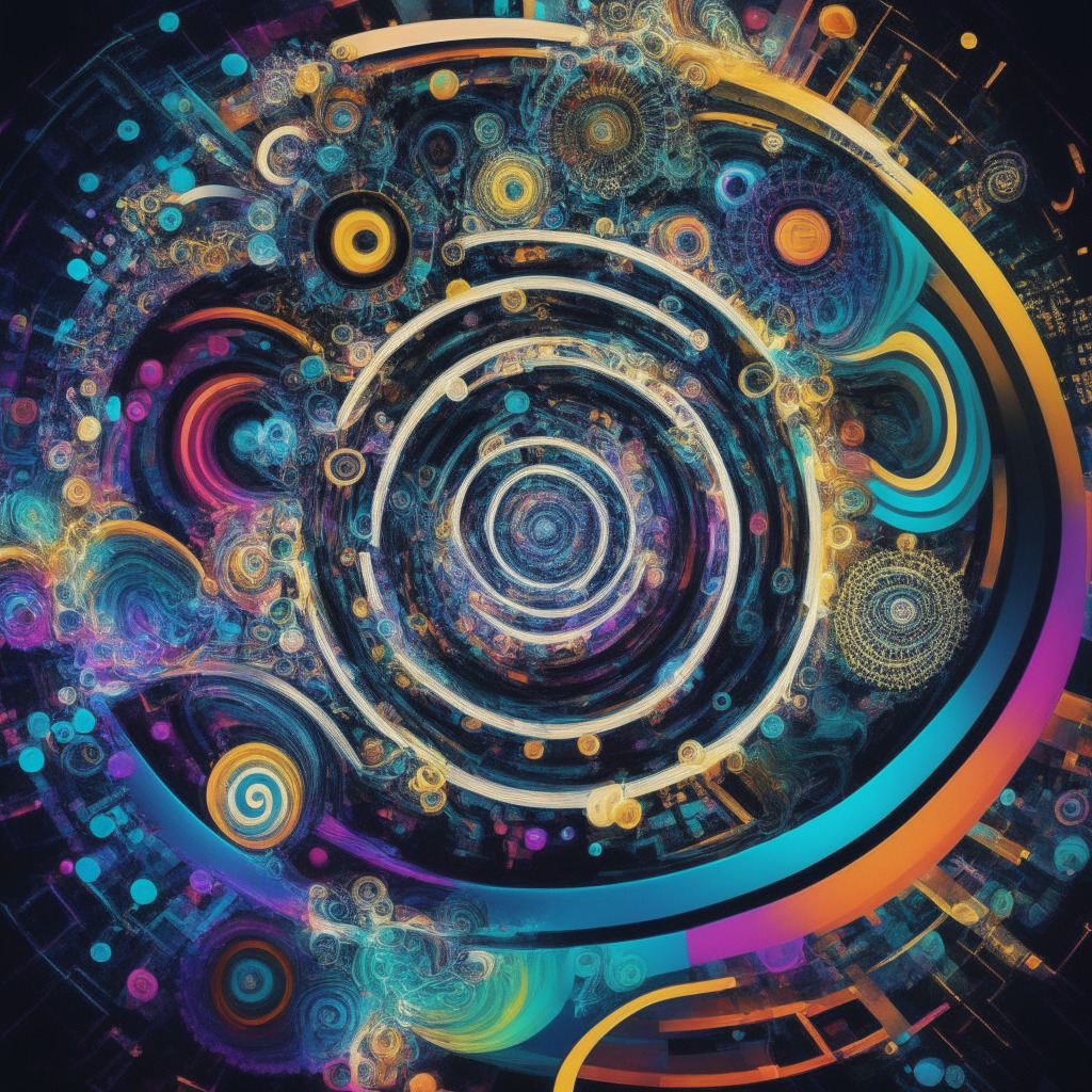 Depict an abstract digital swirling vortex with multiple spokes, each symbolizing a potential crypto gainer: Wall Street Memes, Tamadoge, Quant, Ripple, and ApeCoin. The vortex shimmers with electric colors against a deep space-like backdrop. In the midst of it, feature subtle symbols representing each crypto's unique offerings. Set the mood as hopeful yet mysterious, poised on the edge of discovery.