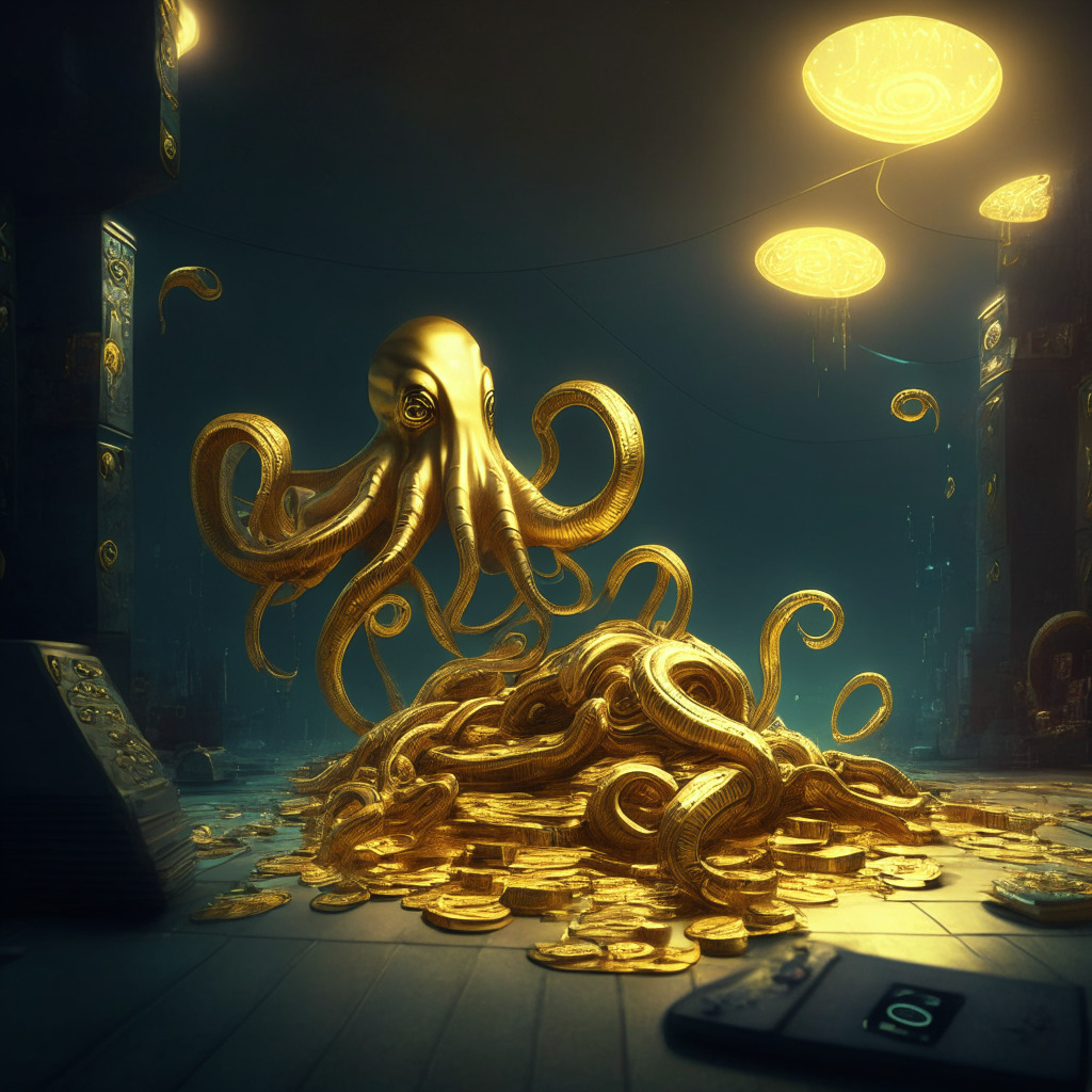 Surreal image of a digital dystopian toy terrain inspired by virtual games, a giant squid lounging on a gold coin dominates the scene. Lighting hints at uncertainty, dramatic chiaroscuro shadows. Aesthetic of 'hype-realism', comments on volatile crypto economy. Mood is tense, cautiously optimistic.