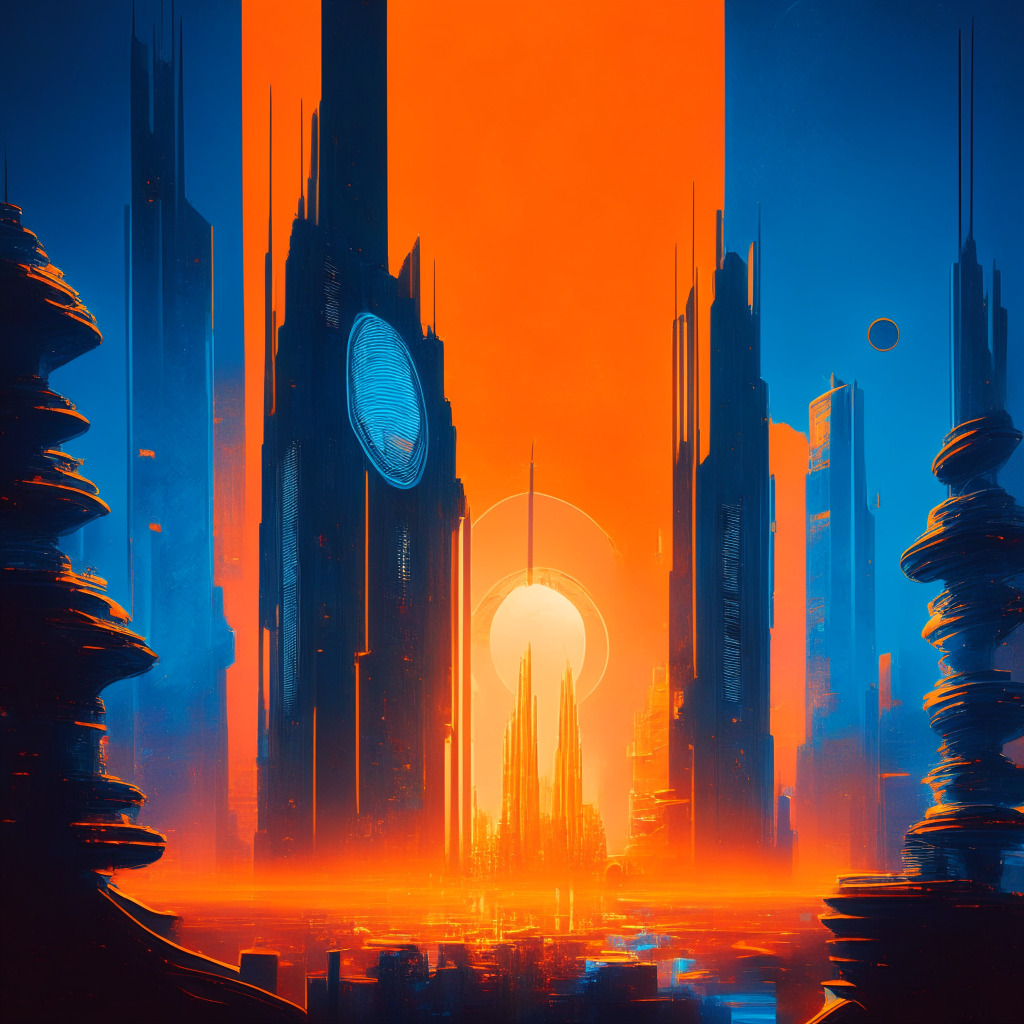 An engrossing neo-futuristic cityscape under a resolute steel-blue sky, awash in an auspicious orange sunrise that suggests stability and growth. Pulsating with ethereal lights symbolizing the volatile crypto market, decisively focusing on a luminescent, regal coin, embodying the LUNC token. The atmosphere imbued with solid trust, intense illumination captures the calculated optimism amongst the citizens, reflecting their faith in LUNC.