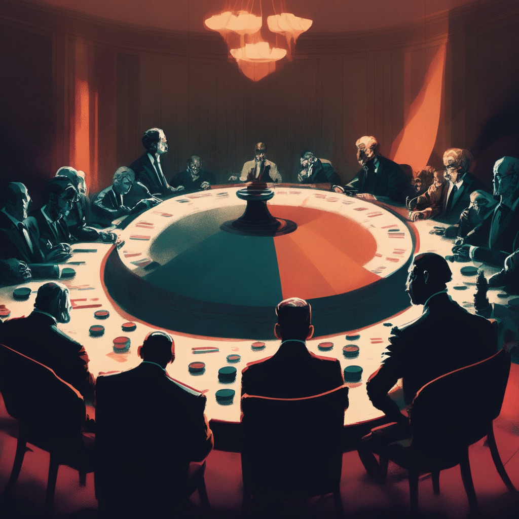 A tense meeting around a grand table, two opposing groups symbolizing Democrats and Republicans in the midst of crucial negotiation. The room is filled with vivid yet muted colors, emanating a mood of cautious anticipation. Shadowy light highlights intense facial expressions. In the center, a physical concept of Stablecoin floats, representing crypto regulation debates.