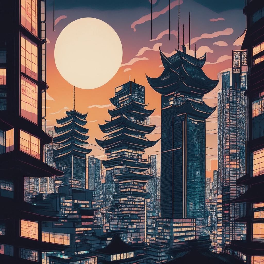 Dusk settling over a bustling Tokyo cityscape, reflect elements of traditional ukiyo-e art style. Illuminated futuristic buildings infused with blockchain symbols, evoking a feel of innovative optimism. Yen stablecoins subtly soaring above, symbolizing the recent regulatory shift, with image mood exemplifying a harmonious blend of traditional and modern financial systems.