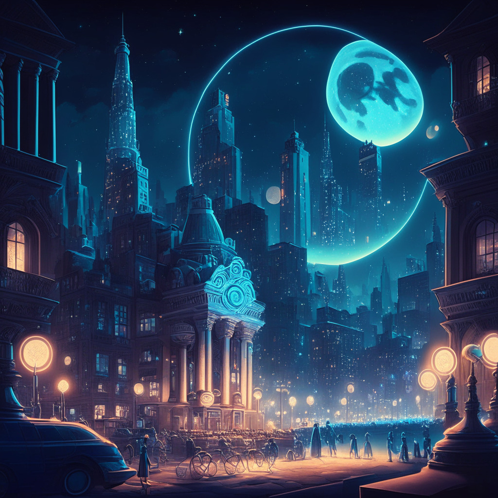 A moonlit night over an old-fashioned cityscape, highly detailed with visible buildings, streets and people. At the center of the scene, a large, stately traditional bank is replaced with futuristic, intangible holograms of blockchain tokens. The crypto tokens look radiant under the moonlight, illuminating brightly with an optimistic aura. The city scene blends the vintage charm with the feel of a futuristic financial revolution. The mood of the painting is contemplative and hopeful, combining elements of anticipation and intrigue.