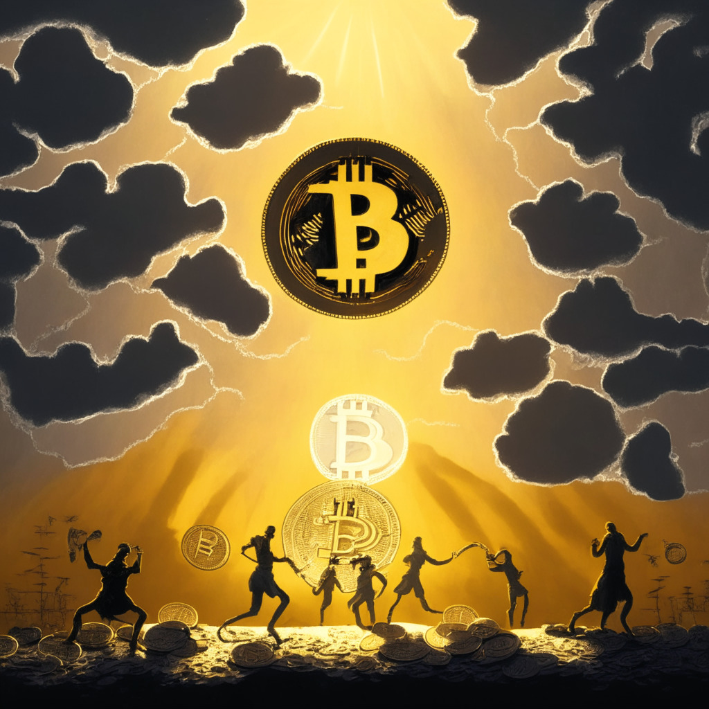 Dramatic representation of global debate on stablecoins, picturing Bitcoin-like coins shackled (symbolising 'tethered') to different national symbols. Background brimming with uncertainty, suggesting socio-political quandary. Sky contrastingly lit, transitioning from the golden glow of optimism to the grey hues of apprehension. Impending threat subtly imposed by shadowy figures looming over the scene.