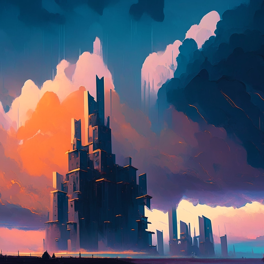 An atmospheric scene of traditional banks represented as massive, entrenched fortresses amid clouds of uncertainty, on the brink of a transformation brought on by sleek, modern structures symbolizing stablecoins. The sky hues with contrasting warm and cold colors, symbolizing the tension. Artistic style is reminiscent of futuristic impressionism, capturing the disruptive yet promising theme of the article.