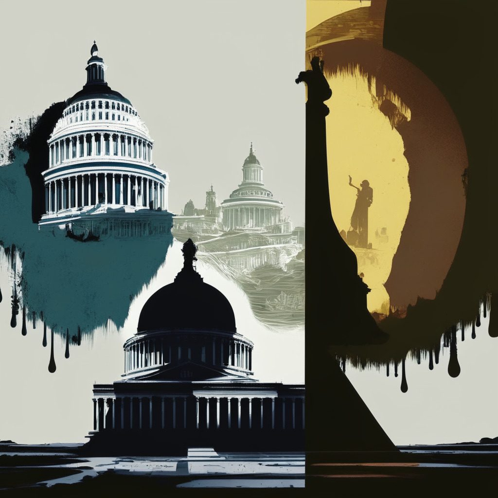 A split scene depiction of political deadlock, half cast in stark chiaroscuro with clear, crisp lines represents the rigid stance of the American political sphere. The other half flows with fluid brush strokes, vibrant, and slightly chaotic, mirroring the unpredictable and dynamic crypto-regulation situation. A shaded silhouette of Capitol Hill sits in the background, signifying the legislative power. Deep shadows cast a somber mood, reflecting the tension and uncertainty in the cryptocurrency landscape.