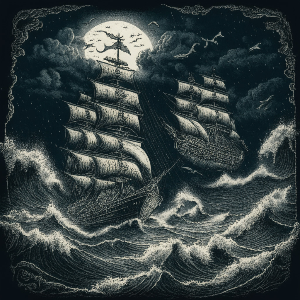 A turbulent scene of the crypto market in a vintage engraving style, the stablecoins exemplified as ships sailing on stormy seas under a gloomy moonlit sky. The ship symbolizing USDP is sinking whereas the vessel of USDT sails high on a wave. In the background, ships representing USDC and BUSD suffer minor damage. A glimmer of hope can be seen as the trio of DAI, FRAX, and USDD, are spotted increasing size on the horizon.