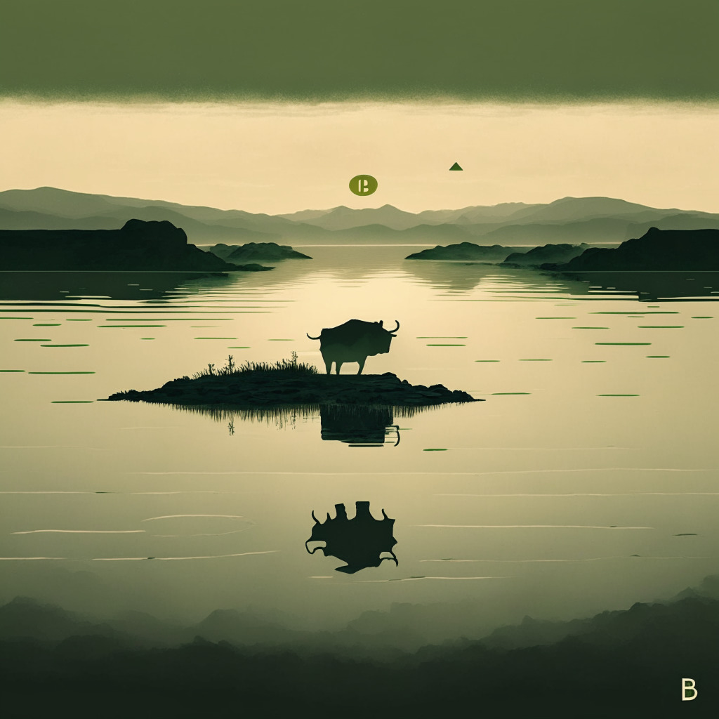 A visually rich representation of the world of cryptocurrency, in muted earth tones and hues of green to denote its current stagnation. A Bitcoin symbol floating on still waters reflecting somber, sunset-tinged skies. A distant horizon anticipates a potential bull market, represented by a faint, emerging silhouette of a bull. Light subtly scattering from the Bitcoin symbol hinting at possible, unseen undercurrents and movements. Depict the mood as contemplative and waitful.