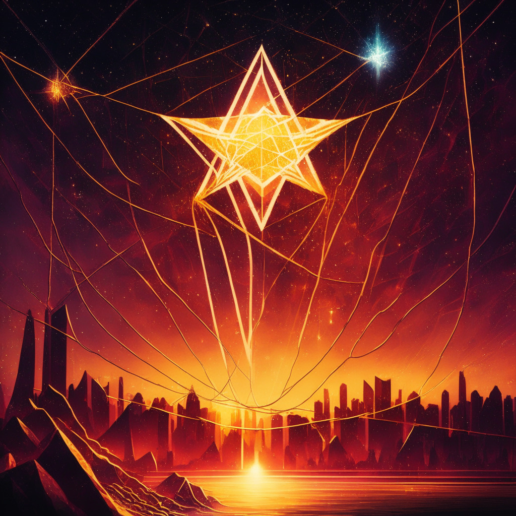 Abstract scene with a dramatic binary star system in the twilight sky, symbolizing Stellar Lumens' rally. One star shines brightly, casting an optimistic gold glow on a precarious rope bridge, embodying potential for further rise. Another star flickers with a crimson, bearish hue, warning of possible downfall. Underneath, an evolving cityscape laced with Ethereum crystals represents the promised potential of BTC20. The palette is dynamic, fluctuating between warm hues signifying optimism and cooler tones indicating caution, reflecting the uncertain future in the field of cryptocurrency.