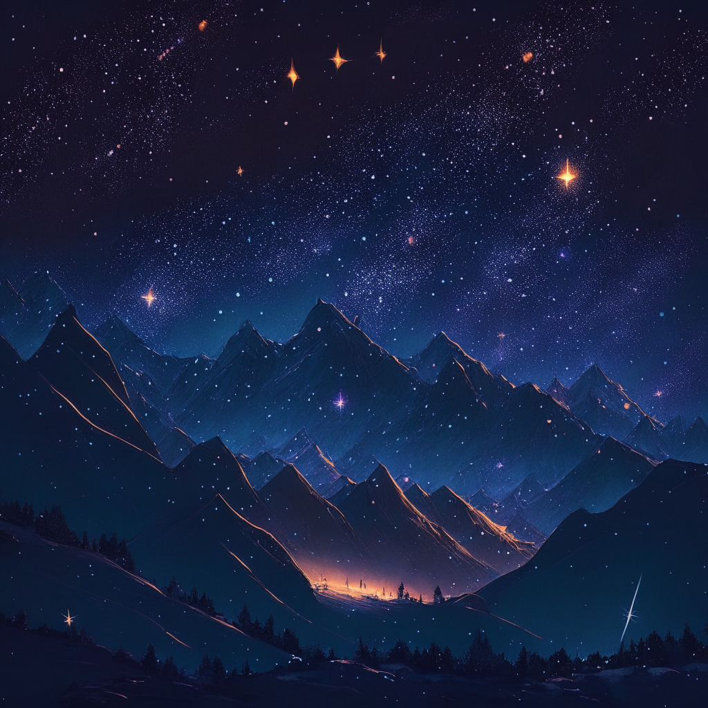 A night sky full of glowing stars, each symbolizing different cryptocurrencies, the brightest one depicted as Stellar Lumens (XLM). A mountain range with a clear path marking a bullish trend. Dimly lit scene, twilight setting, with touches of Northern Light-esque colors to signify market surge. Overarching mood: Hopeful, cautious, yet bold.
