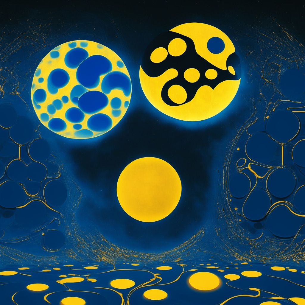 An abstract digital world at twilight, with two rising celestial bodies embodying Stellar Lumens and Ripple's XRP. Their form, spherical and glowing with intricate patterns in shades of blue and golden yellow respectively, ascends against the obscure cosmic backdrop. In the distance, a less luminescent, smaller celestial body, symbolizing Wall Street Memes, waits in anticipation. The air aglow with the spirit of competition, the ambience exhibiting an intense yet hopeful market dynamism. A touch of Van Gogh's 'Starry Night' in the swirling cosmic backdrop amplifies the mood, and obsidian contrasted with iridescent light provides depth.
