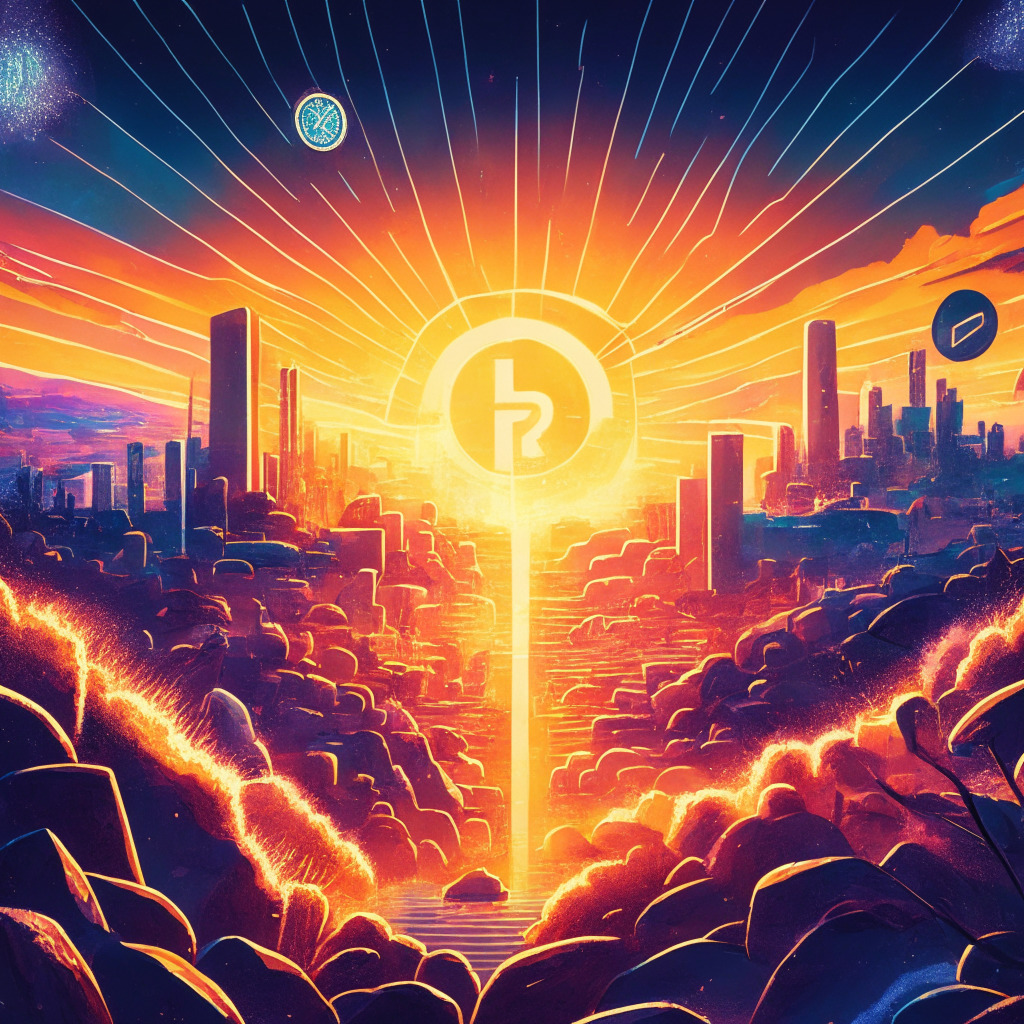 A vibrant economic landscape at dawn, where cryptocurrencies act as thriving components. This scene captures Stellar’s triumphant growth, soaring 12%, embodying a dramatic 72% expansion. A hint of Ripple’s victory subtly woven in the canvas, their legal coup against SEC, stirs a light breeze. The mood is optimistic, mirroring Stellar's promising future. Adapting the style of a modern impressionist painting, we portray an active marketplace. Rapidly changing elements reflect new entrants, like the playful implication of a presale token depicted as a well-balanced coin on the rise. No logos, this image is a symbolic representation of the crypto world.