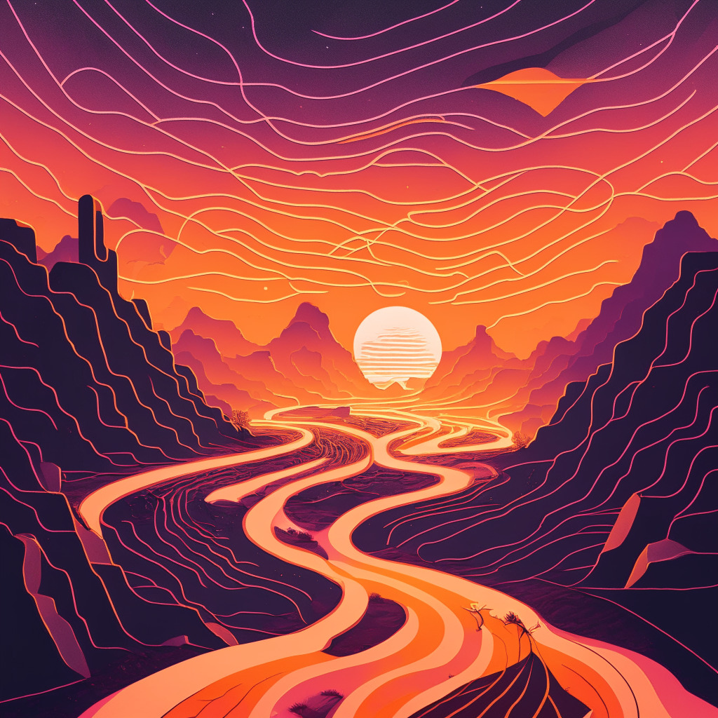 A unique digital landscape bathed in intense sunrise hues, expressing optimism and looming risk. Featuring two intertwined, ascending paths representing the parallel growth of Stellar and Ripple, their interlinked origins subtly highlighted. Witness a breakaway path, illustrating Stellar's independent journey. Emphasize the prosperous growth yet potential dip in the heights of the paths. Incorporate reminders of caution, perhaps falling leaves or rocky terrain. Overlay Nigeria's CBDC progress as a minor path, using Near Field Communication symbolizing icons. Muted, shadowed areas represent reserved adoption and possible disappointments, creating a mood of careful anticipation and thorough scrutiny.