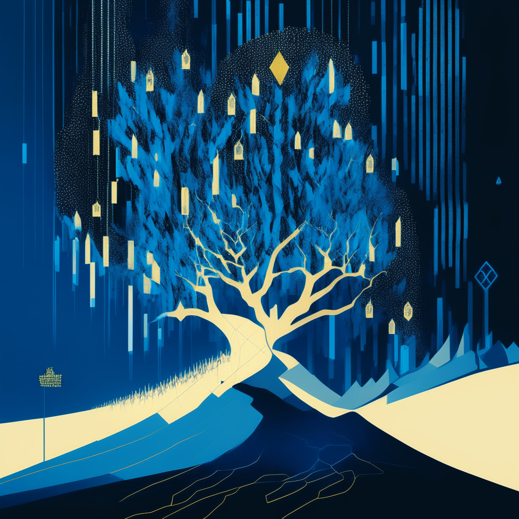 An abstract visualization of the cryptocurrency market's fluctuation, focusing on Stellar's performance. A roller coaster in shades of calm blues and stressful grays depicting Stellar's symbolic 'X' navigating peaks and valleys, reflecting its struggling price. The launch of the WisdomTree app as a beacon of light amidst the turbulence, personified by a golden tree. Looming in the backdrop, a shadowy, ominous Federal Reserve figure indicating competition. The Thug Life Token symbol injecting vibrant street art elements, signifying its promising position.