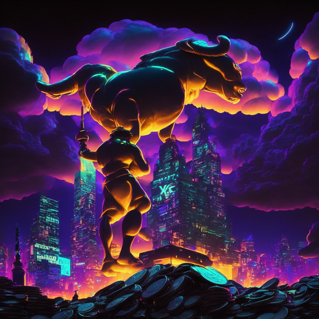A night view of a vibrant, futuristic cityscape bathed in neon lights, reflecting Stellar's XLM astronomical rise. In the foreground, a bullish bronze statue atop a pile of coins, symbolizing its 55% price increase. Looming from behind the clouds, a gentle giant meteor, symbolizing the underdog Wall Street Memes phenomenon, racing towards the city. The scene is filled with energy and anticipation, painted in the style of cyberpunk art.