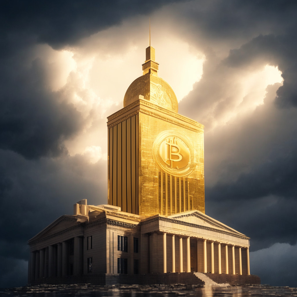 A large, towering edifice symbolizing US SEC, standing beside a shiny gold Bitcoin coin to signify its acceptance of a Bitcoin ETF application. The background displays a stormy sky representing regulatory uncertainty, with breaks of sunlight filtering through to indicate glimpses of hope and acceptance. The architectural style is both futuristic and traditional, echoing the contrasts between old and new forms of currency and the ongoing battle between regulation and innovation. The foreground hosts an intricate labyrinth, conveying the complex nature of regulatory processes. The light setting is dramatic, capturing the mood of tension and excitement in this pivotal moment in financial history.