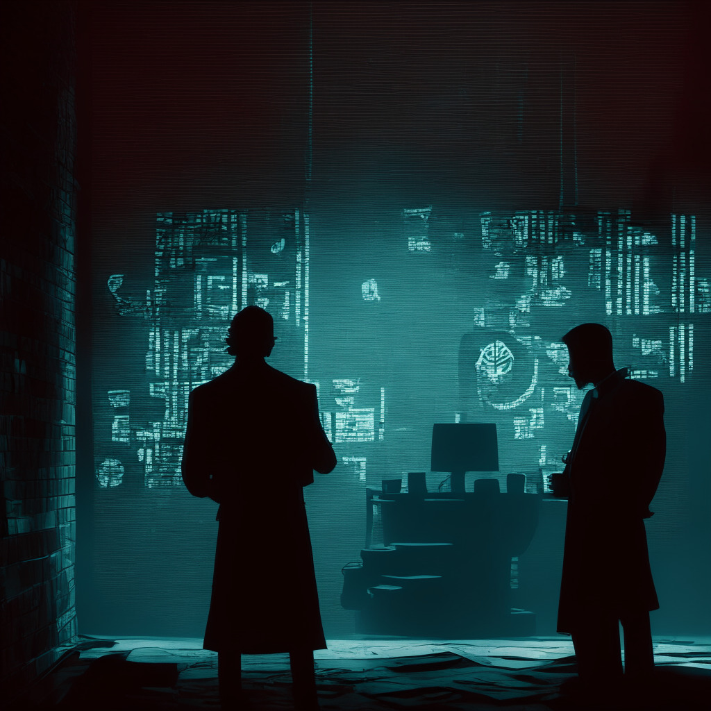 A neo-noir cyberpunk styled scene, two shadowy figures discussing finances in front of computer screens filled with cryptocurrency symbols and SEC documents, late evening ambient light softens the room, shadows dance on distressed brick walls, revealing signs of a recent digital attack. The atmosphere is tense, filled with intrigue and urgency.