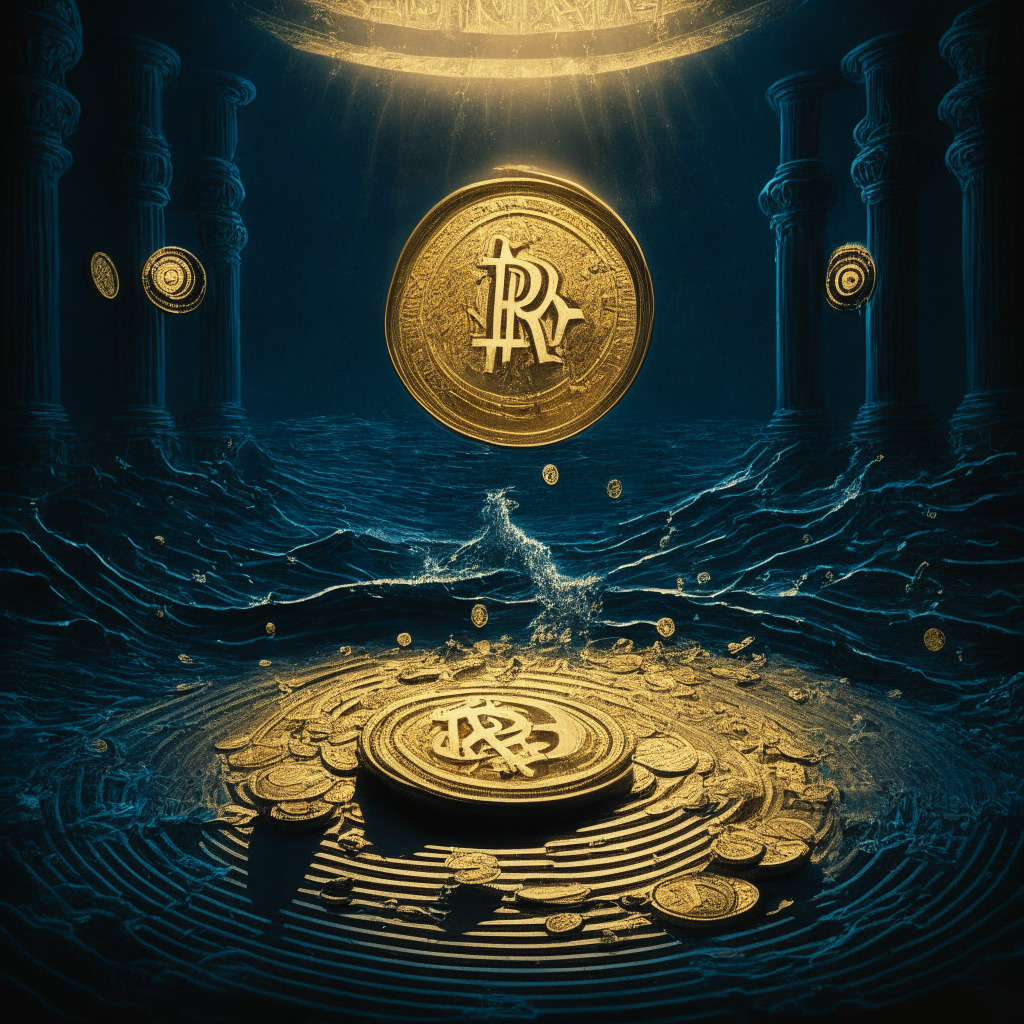 A dramatic, surrealistic courtroom scene lit in dim, high contrast lighting. A large, gleaming golden coin bearing the initials XRP stands at the center, imposing and dominant, surrounded by smaller, dimmer coins. The coins ride a massive, turbulent sea, graph lines swooping through like rolling waves, representing a volatile market. The mood is one of suspense and anticipation, revealing a sense of uncertainty yet triumph. A dense fog lingers at the background, symbolizing the unknown future of the crypto market.