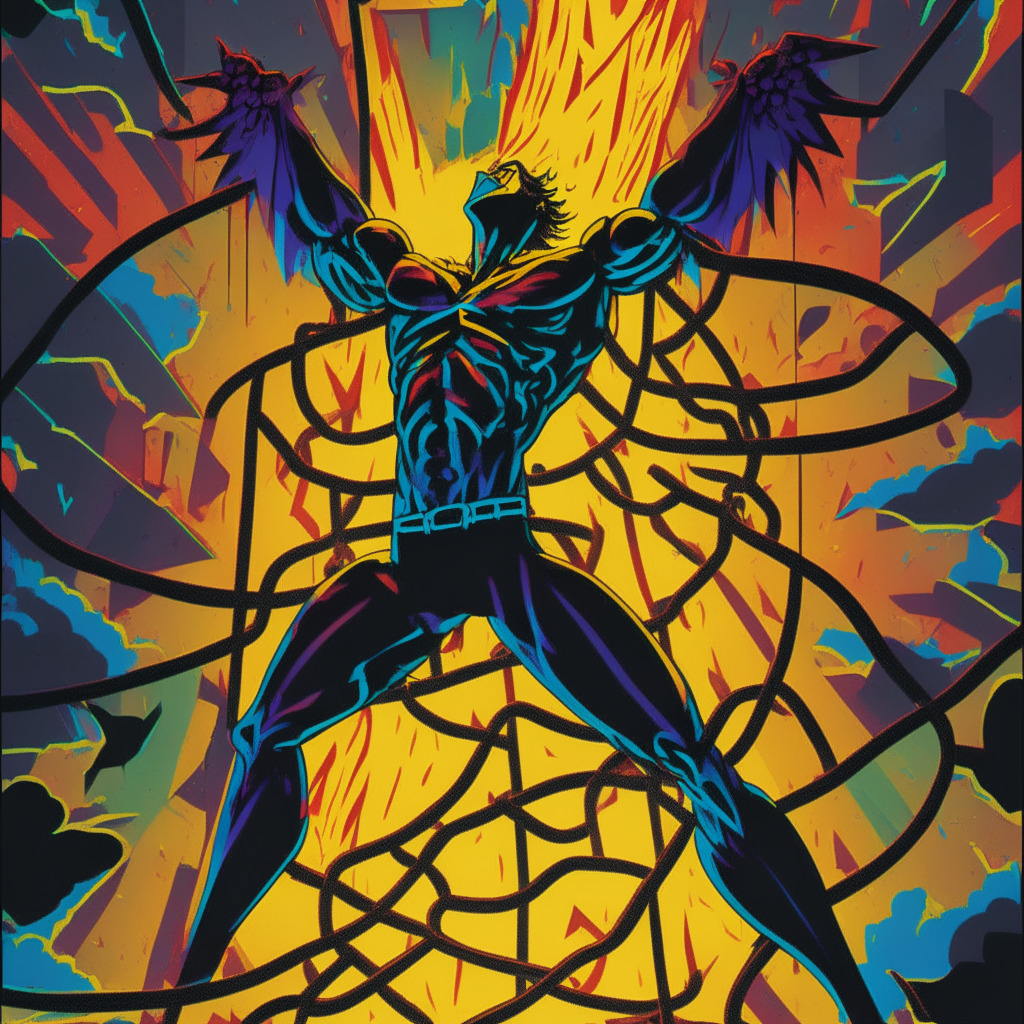 Depict a superhero struggling, trapped in chains of downward virtual graphs on a dark, technicolor background, expressing fallen price points, failure. Adjacent, portray a confidently rising phoenix, symbolizing $EVILPEPE, vibrant, incandescent against the night sky, representing emergence, potential growth. Use bold, graphic novel art style, with a tense yet hopeful mood.
