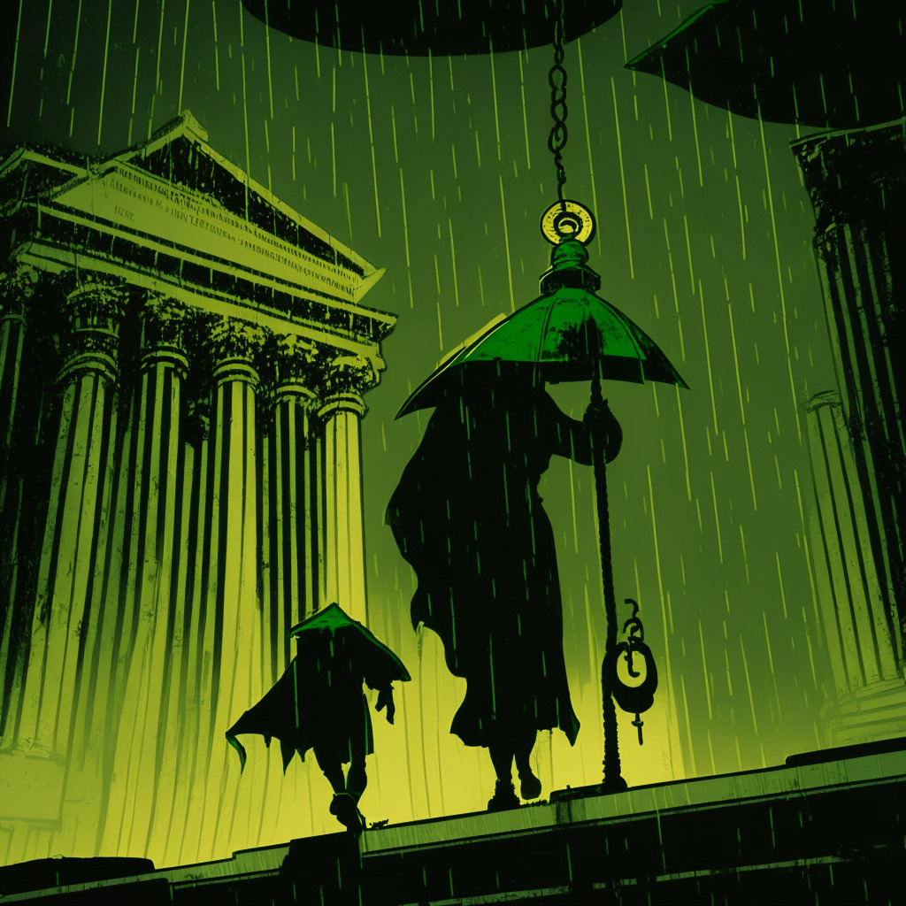 A rainy night at the Supreme Court showcasing a pendulum symbolizing a legal tug of war, in a noir comic book art style. Highlights of green and gold illustrating the cryptocurrency conflict, subtle shadows hide a stylized silhouette of student carrying a huge debt weight, an ominous mood of regulatory ambiguity filling the scene.